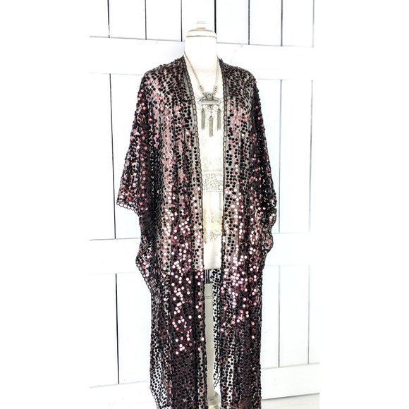MAXI length brown black net sequin long kimono cover up jacket - Picture 2 of 5